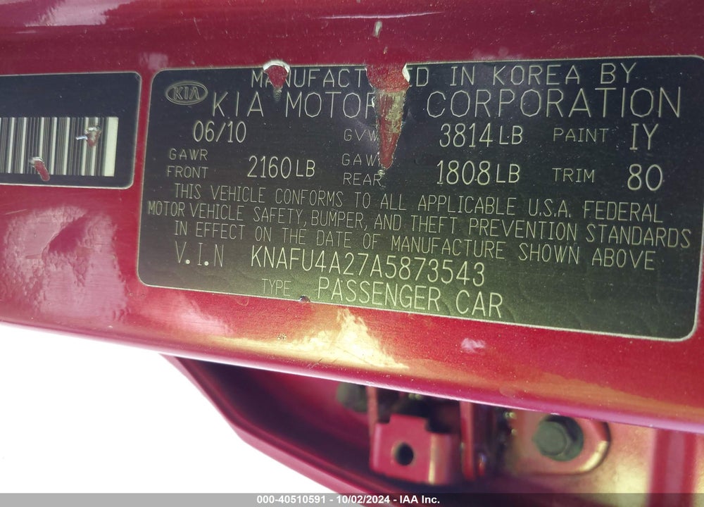 2010 KIA FORTE EX VIN: KNAFU4A27A5873543