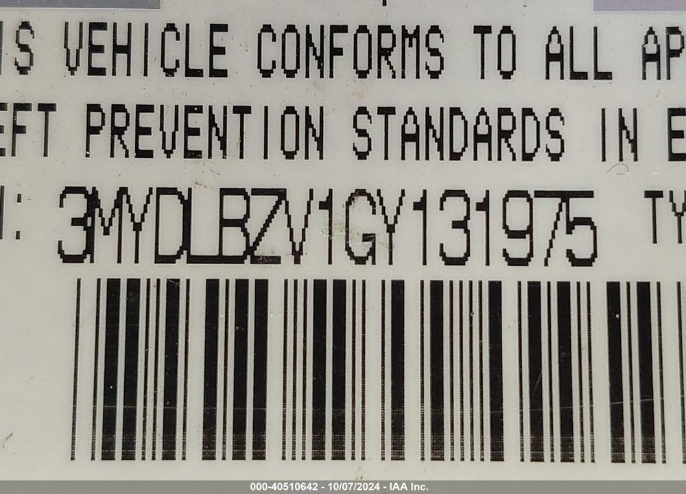 2016 SCION IA VIN: 3MYDLBZV1GY131975