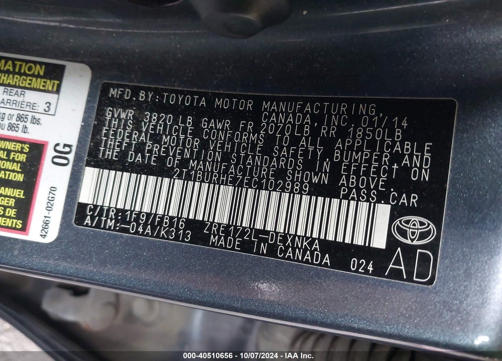 2014 TOYOTA COROLLA LE VIN: 2T1BURHE7EC102989