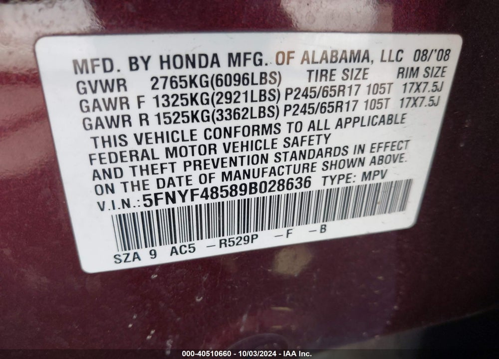 2009 HONDA PILOT EX-L VIN: 5FNYF48589B028636