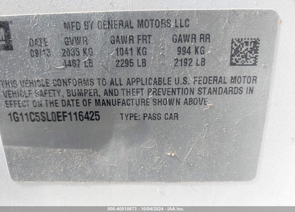 2014 CHEVROLET MALIBU 1LT VIN: 1G11C5SL0EF116425