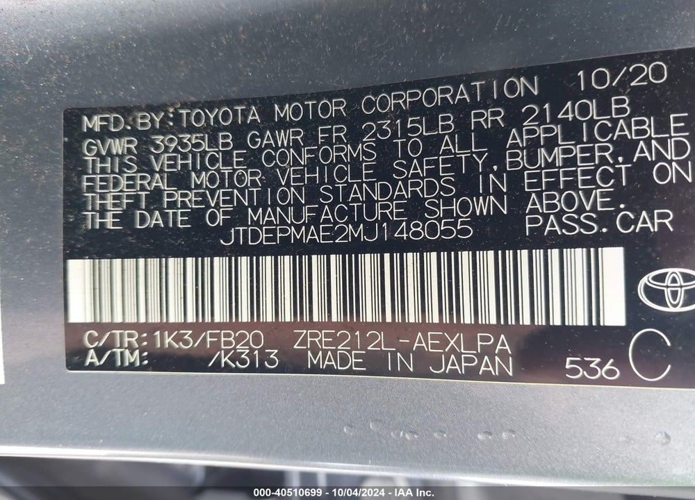 2021 TOYOTA COROLLA LE VIN: JTDEPMAE2MJ148055
