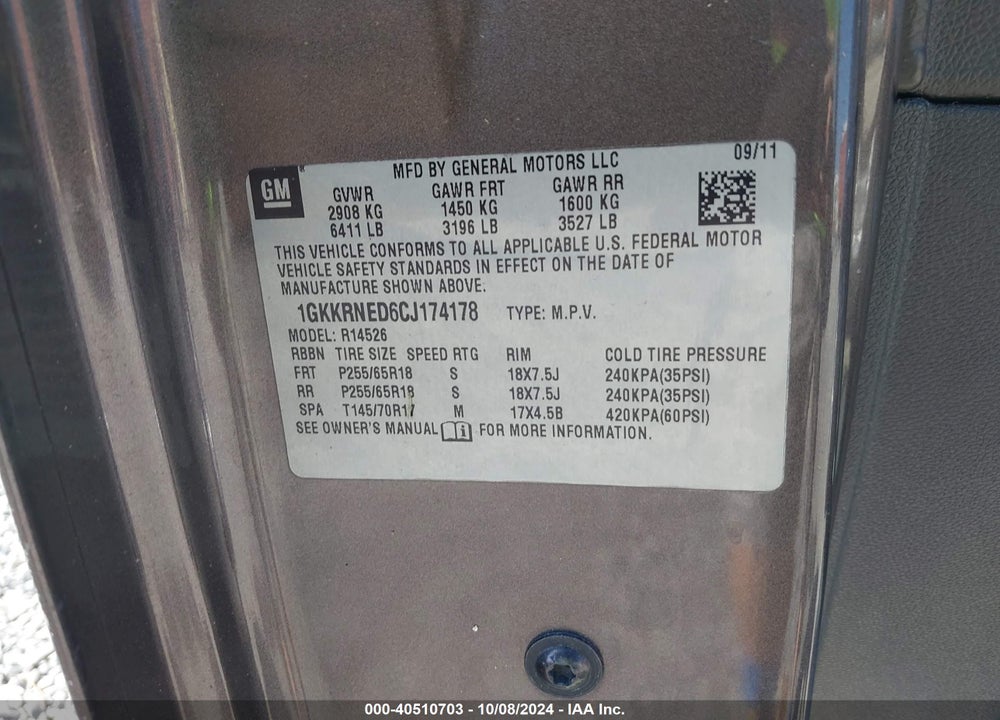 2012 GMC ACADIA SL VIN: 1GKKRNED6CJ174178
