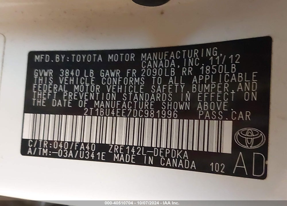 2013 TOYOTA COROLLA L VIN: 2T1BU4EE7DC981996
