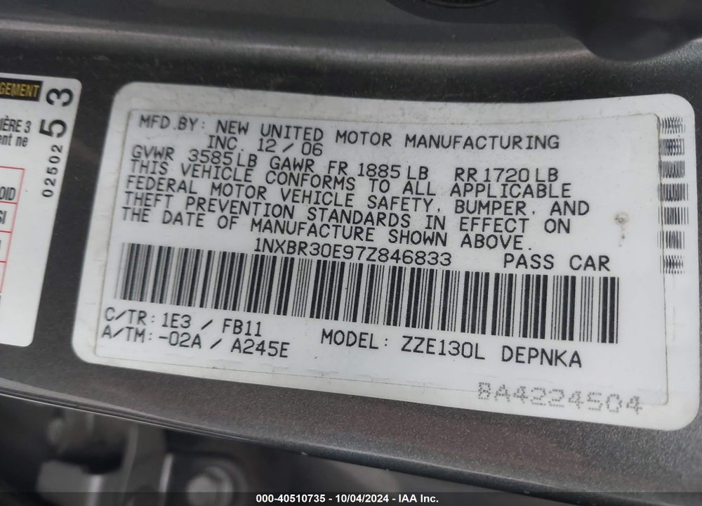 2007 TOYOTA COROLLA LE VIN: 1NXBR30E97Z846833