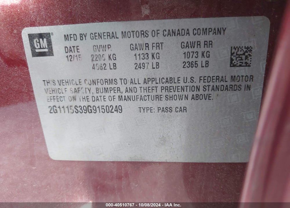2016 CHEVROLET IMPALA 2LT VIN: 2G1115S39G9150249