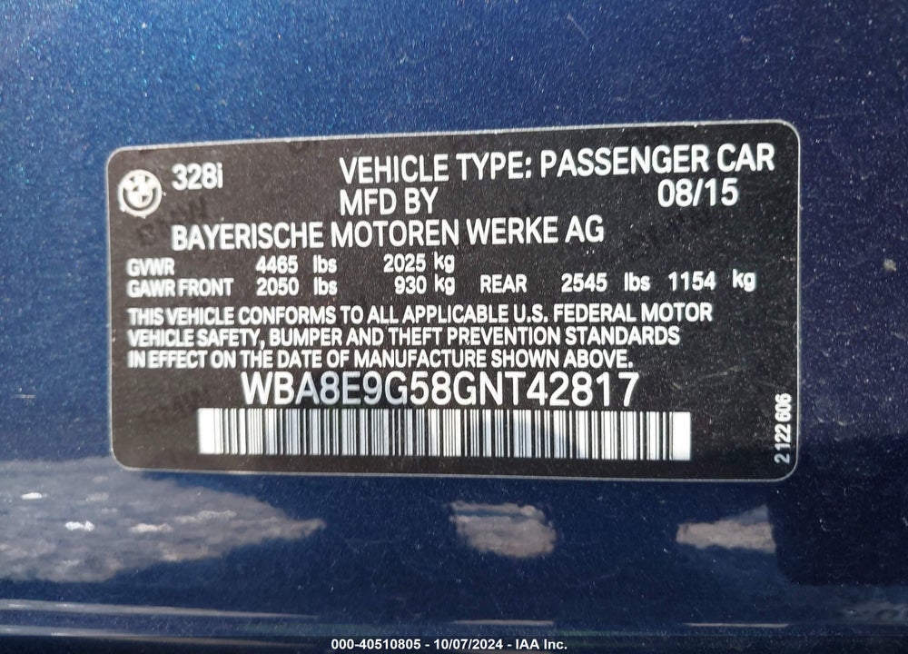 2016 BMW 328I VIN: WBA8E9G58GNT42817