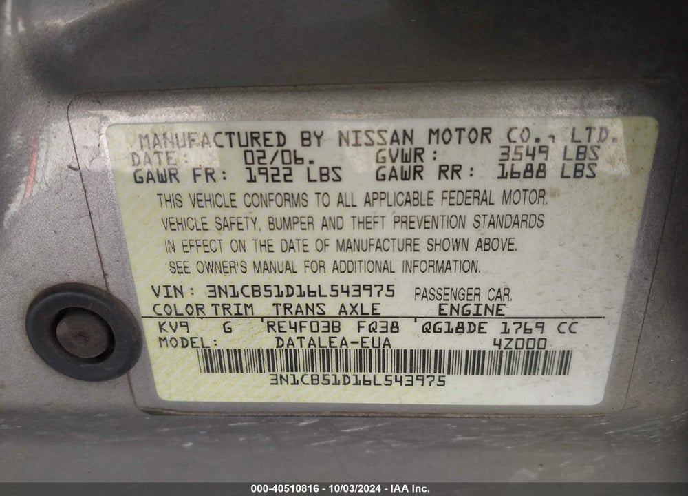 2006 NISSAN SENTRA 1.8S VIN: 3N1CB51D16L543975