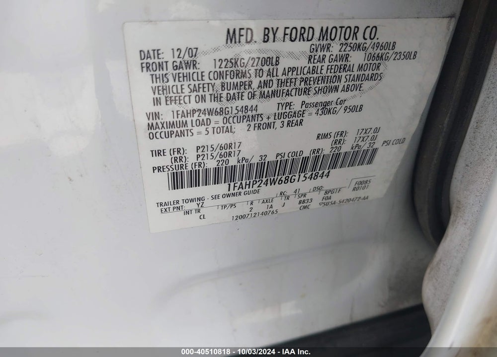 2008 FORD TAURUS SEL VIN: 1FAHP24W68G154844