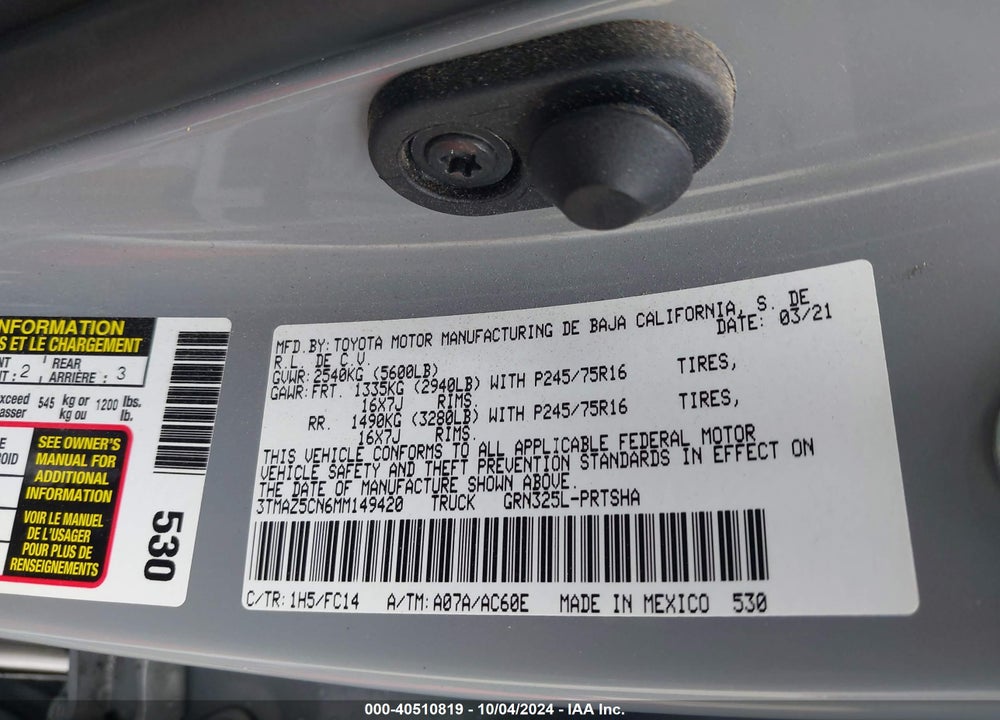 2021 TOYOTA TACOMA VIN: 3TMAZ5CN6MM149420