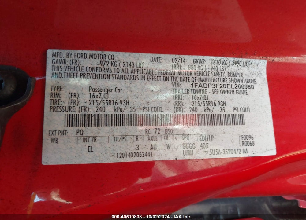 2014 FORD FOCUS SE VIN: 1FADP3F20EL266380