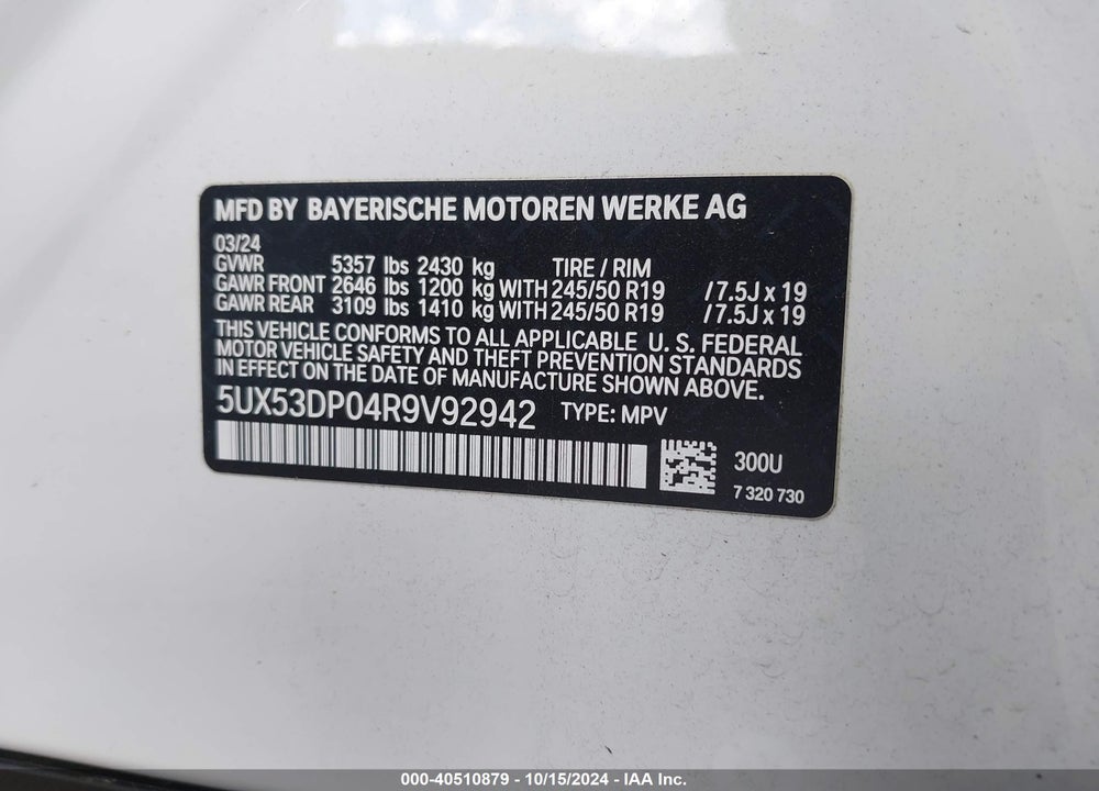 2024 BMW X3 XDRIVE30I VIN: 5UX53DP04R9V92942