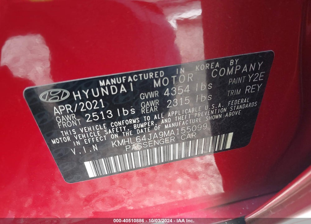 2021 HYUNDAI SONATA SEL VIN: KMHL64JA9MA155099