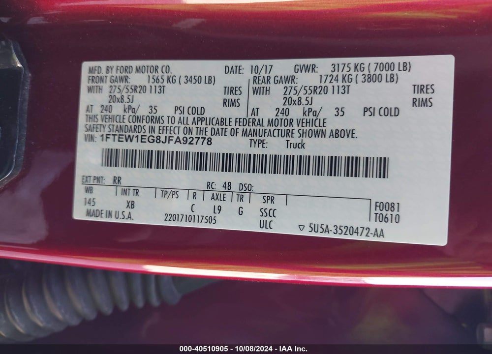 2018 FORD F-150 VIN: 1FTEW1EG8JFA92778