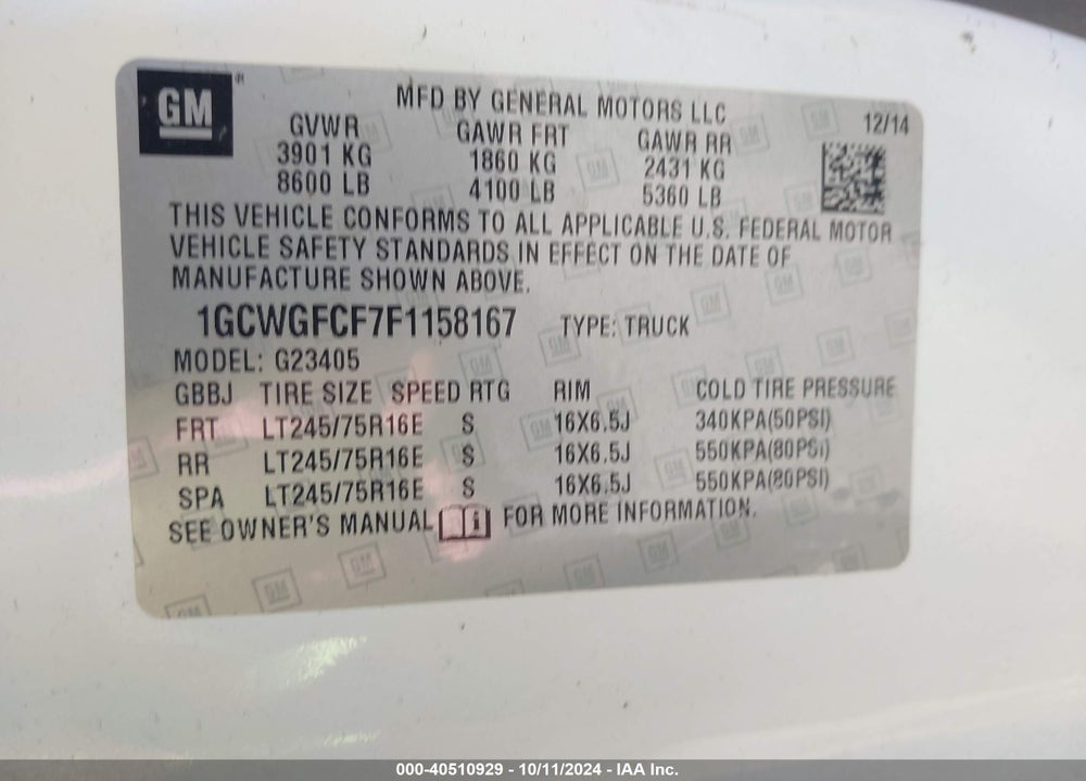 2015 CHEVROLET EXPRESS 2500 WORK VAN VIN: 1GCWGFCF7F1158167
