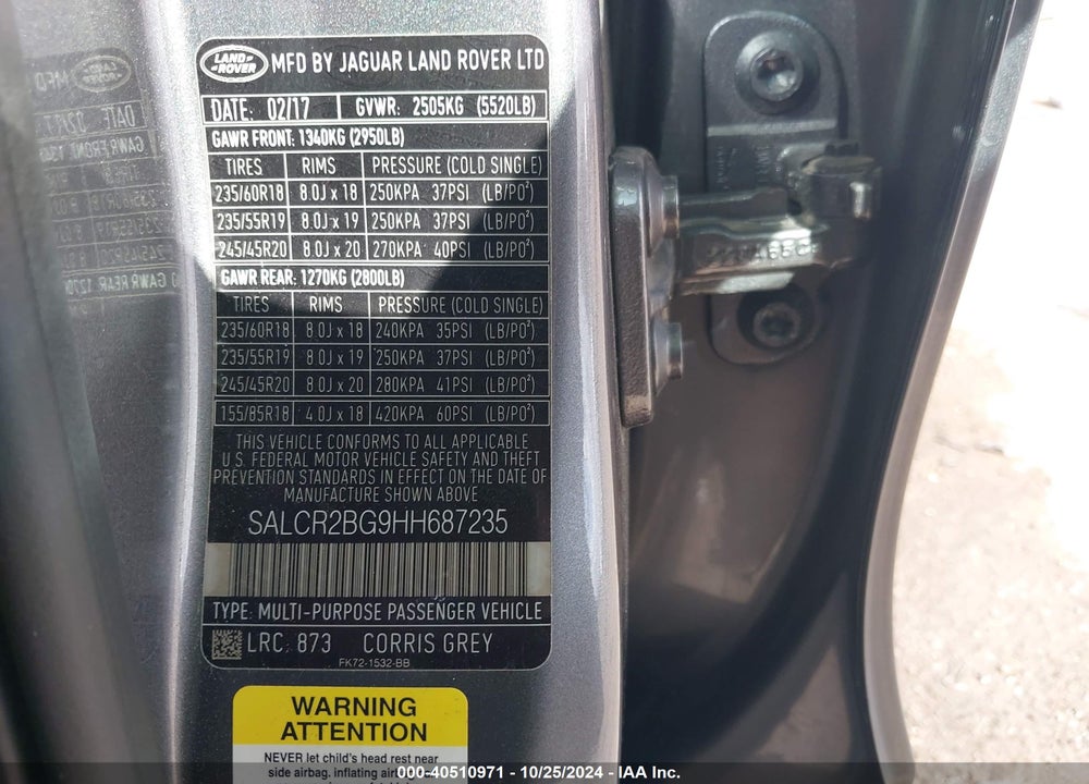 2017 LAND ROVER DISCOVERY SPORT HSE VIN: SALCR2BG9HH687235