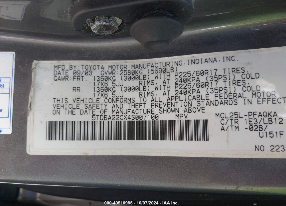 2004 TOYOTA SIENNA XLE LIMITED VIN: 5TDBA22CX4S007100