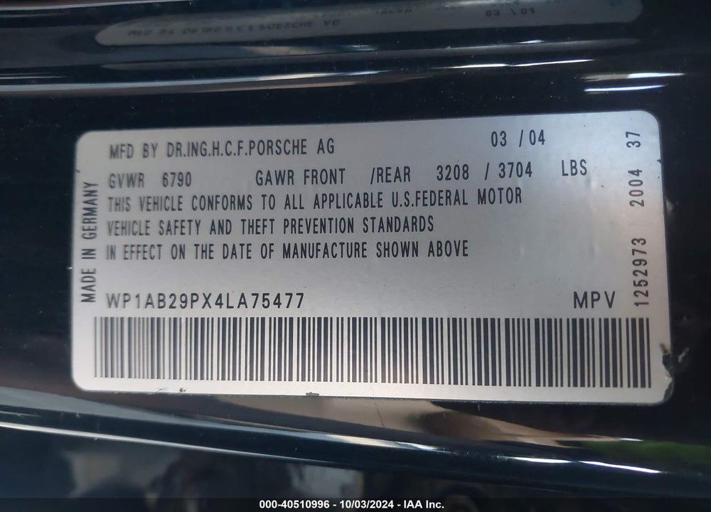 2004 PORSCHE CAYENNE S VIN: WP1AB29PX4LA75477