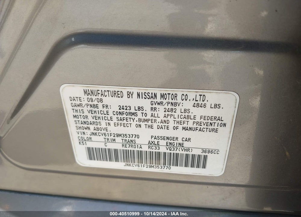 2009 INFINITI G37X VIN: JNKCV61F29M353770