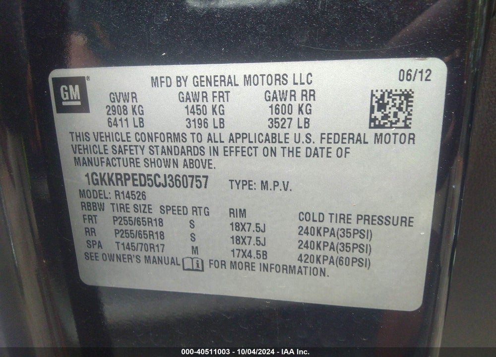 2012 GMC ACADIA SLE VIN: 1GKKRPED5CJ360757