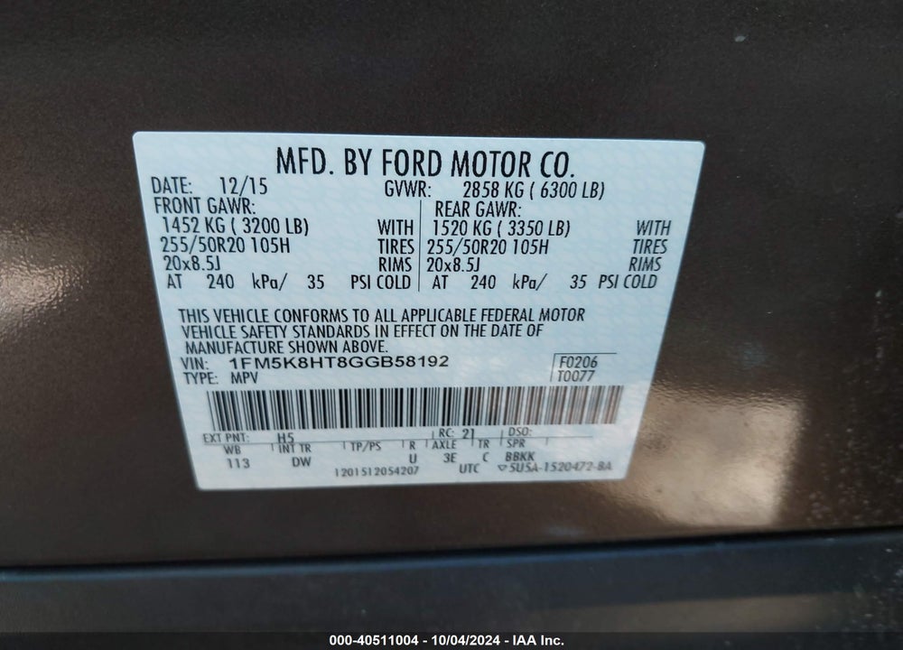 2016 FORD EXPLORER PLATINUM VIN: 1FM5K8HT8GGB58192