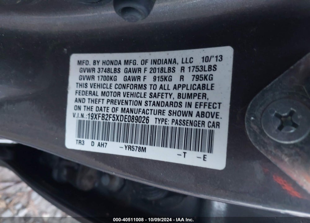 2013 HONDA CIVIC LX VIN: 19XFB2F5XDE089026