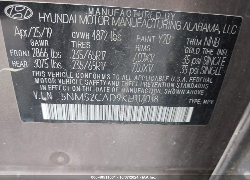 2019 HYUNDAI SANTA FE SE VIN: 5NMS2CAD9KH117018