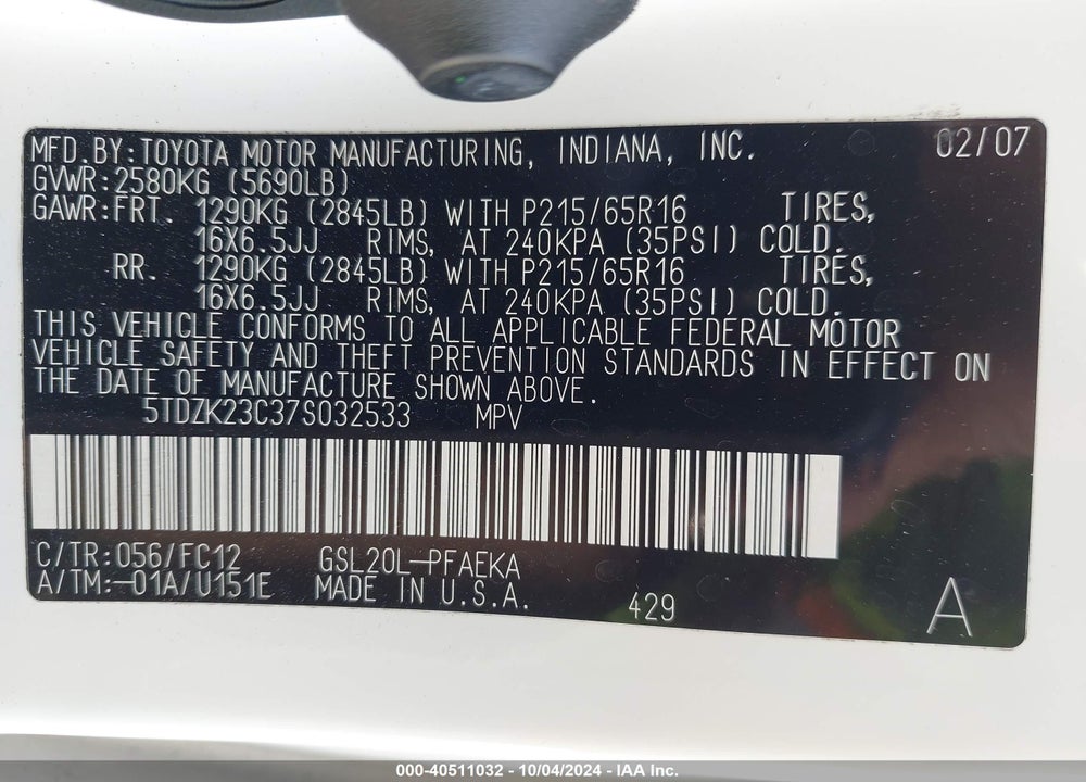 2007 TOYOTA SIENNA LE VIN: 5TDZK23C37S032533