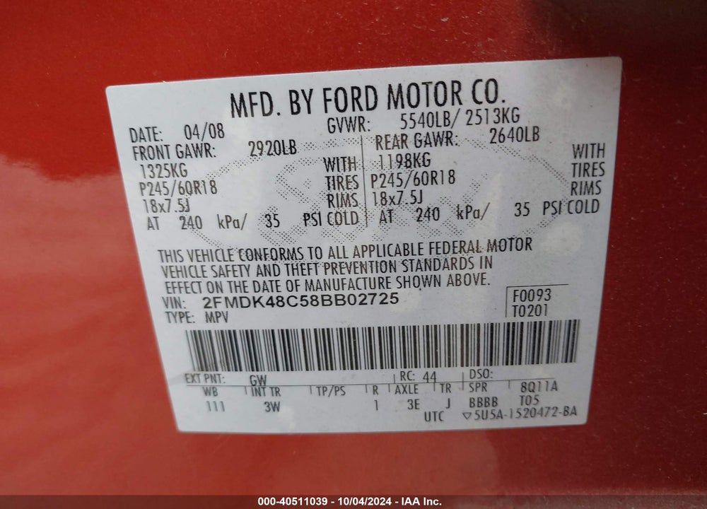 2008 FORD EDGE VIN: 2FMDK48C58BB02725