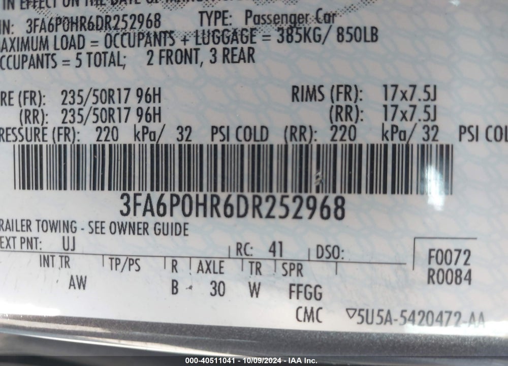 2013 FORD FUSION VIN: 3FA6P0HR6DR252968