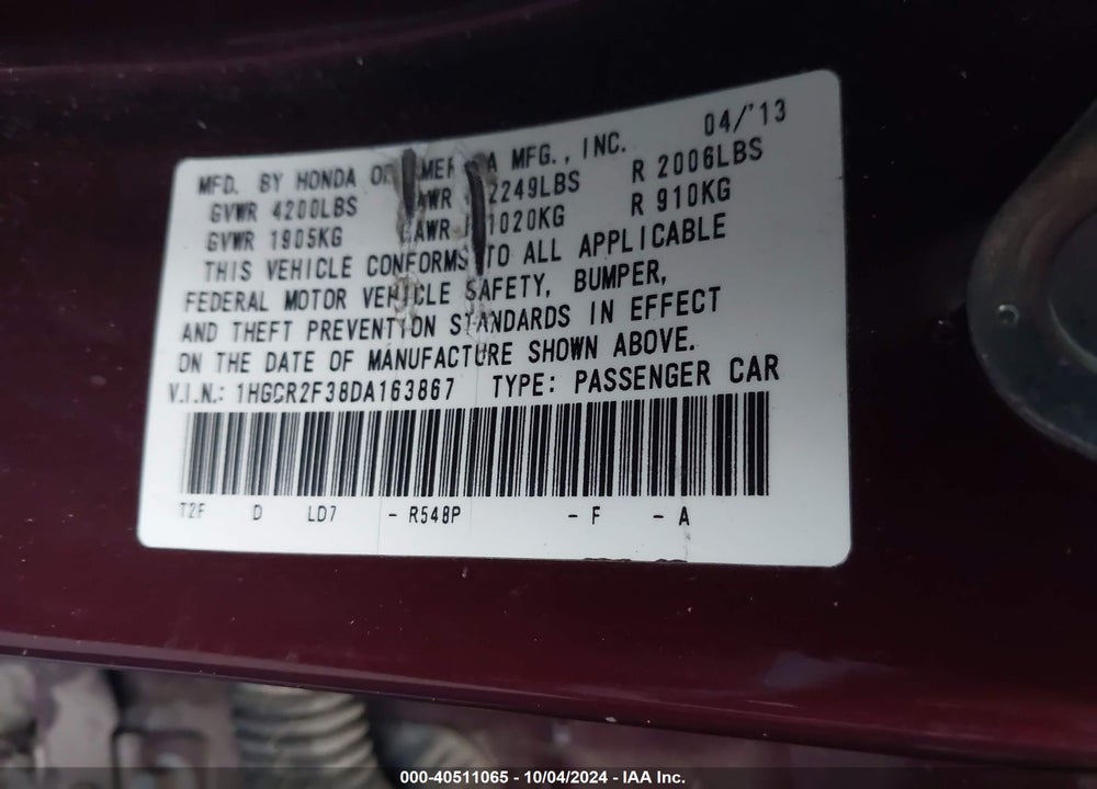 2013 HONDA ACCORD LX VIN: 1HGCR2F38DA163867