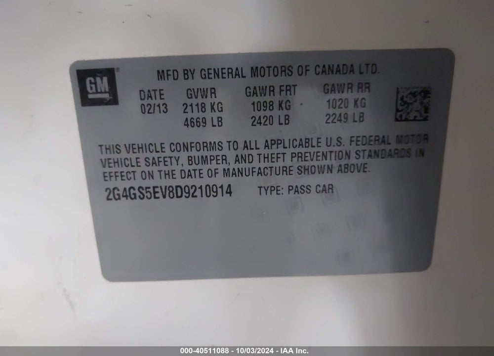 2013 BUICK REGAL TURBO PREMIUM 1 VIN: 2G4GS5EV8D9210914