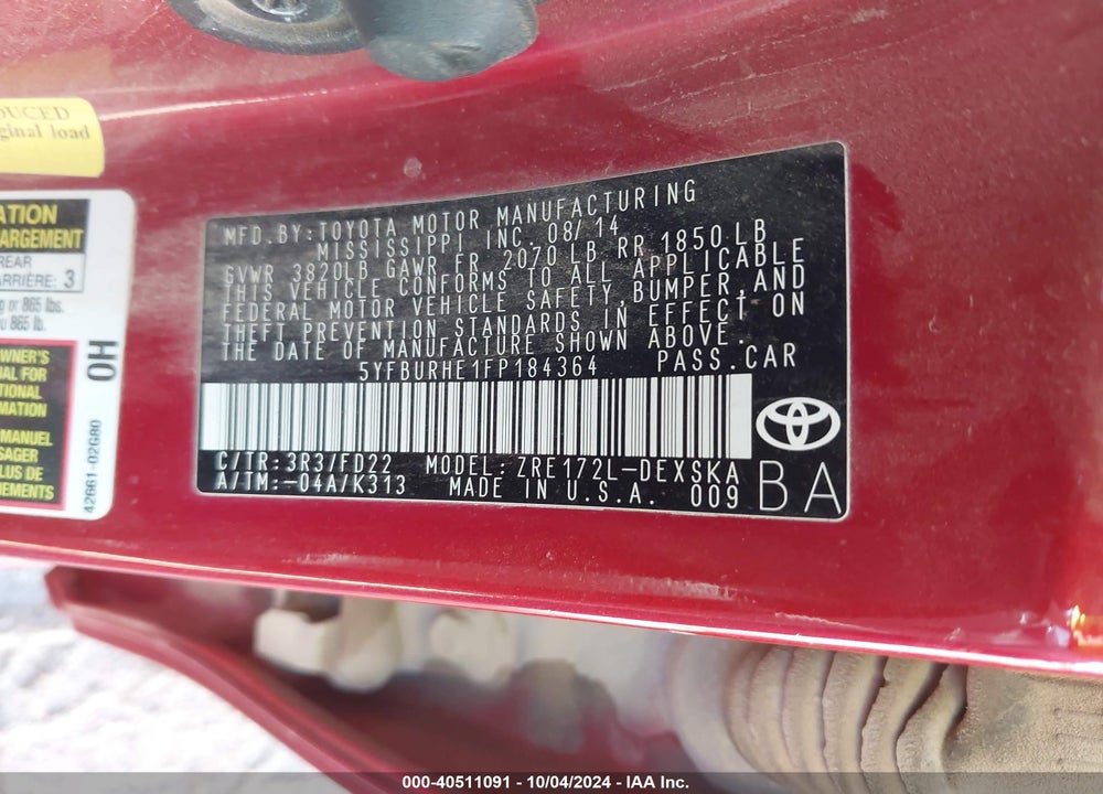 2015 TOYOTA COROLLA S PLUS VIN: 5YFBURHE1FP184364