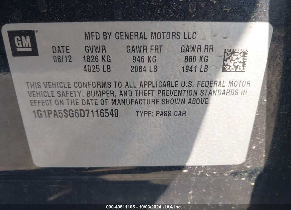 2013 CHEVROLET CRUZE LS AUTO VIN: 1G1PA5SG6D7116540