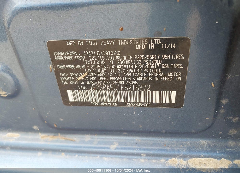 2015 SUBARU XV CROSSTREK 2.0I PREMIUM VIN: JF2GPAFC1F8216372