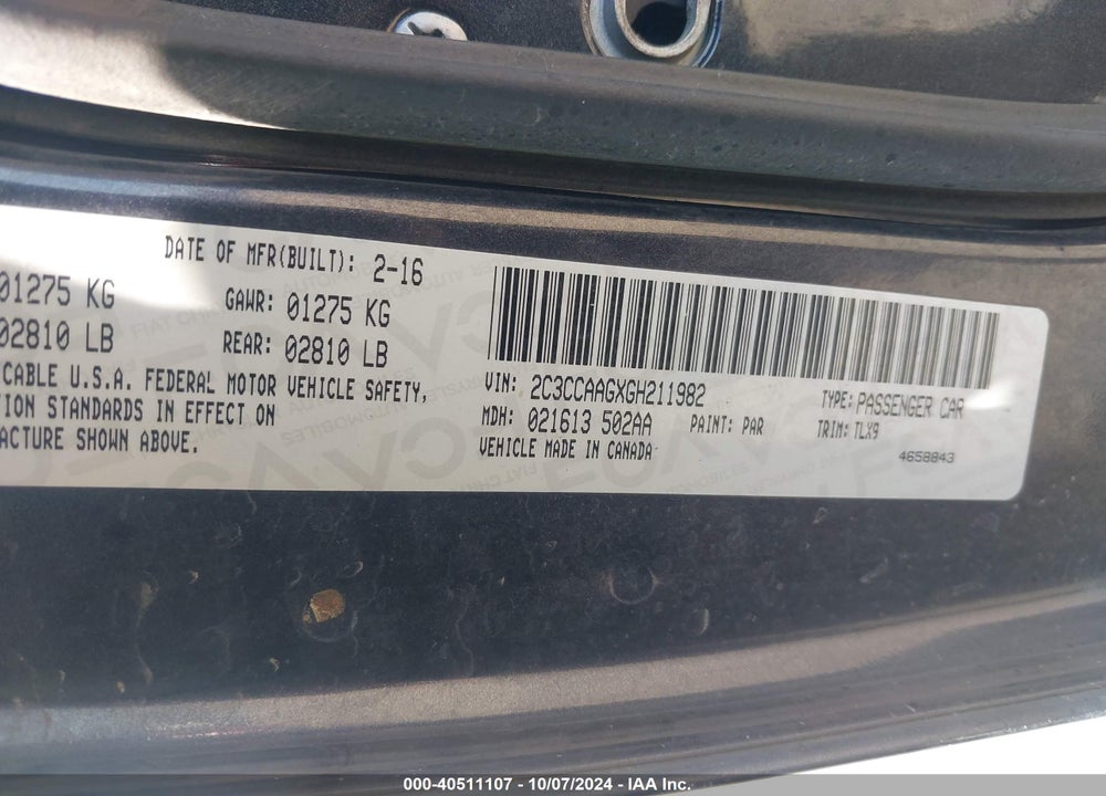2016 CHRYSLER 300 LIMITED VIN: 2C3CCAAGXGH211982