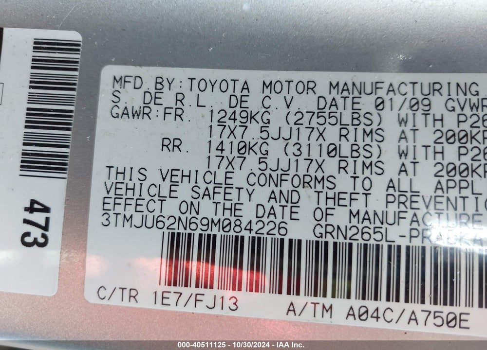 2009 TOYOTA TACOMA PRERUNNER V6 VIN: 3TMJU62N69M084226