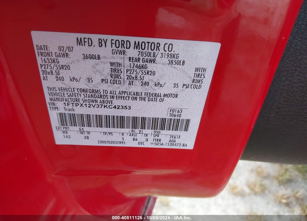 2007 FORD F-150 LARIAT/STX/XL/XLT VIN: 1FTPX12V37KC42353