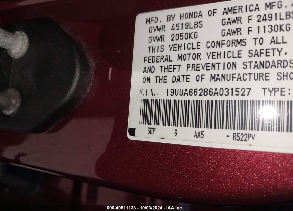 2006 ACURA TL VIN: 19UUA66286A031527