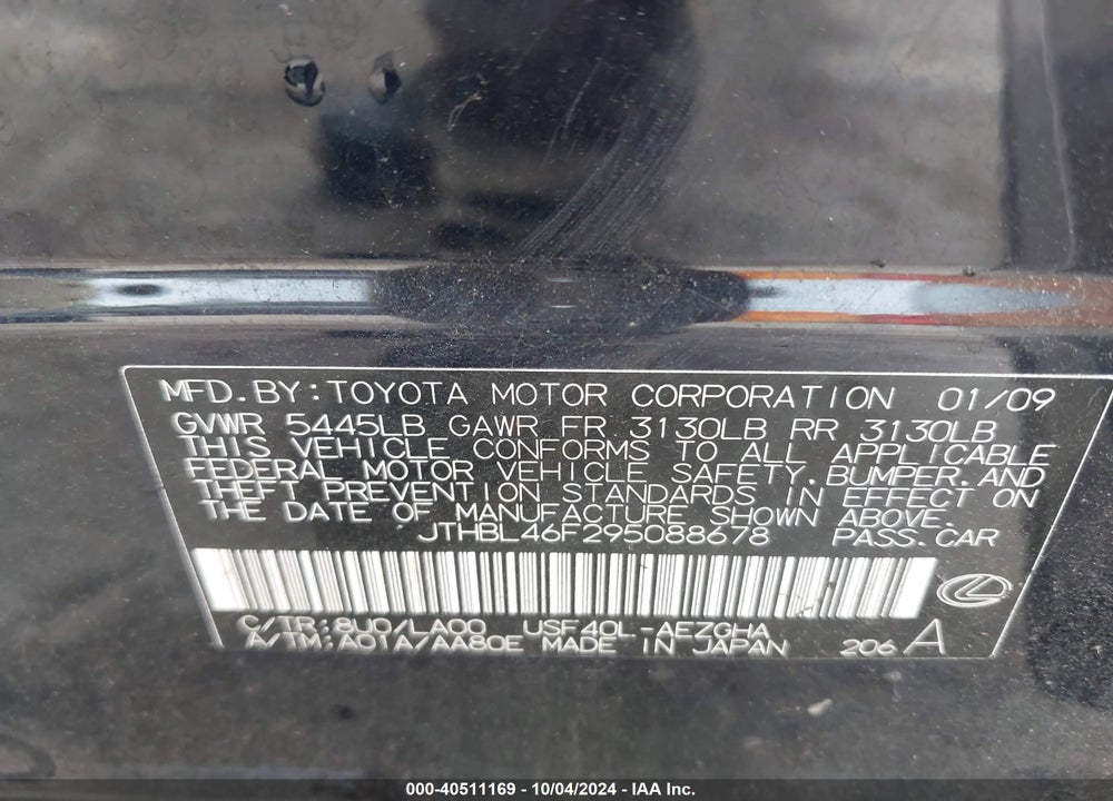 2009 LEXUS LS 460 VIN: JTHBL46F295088678