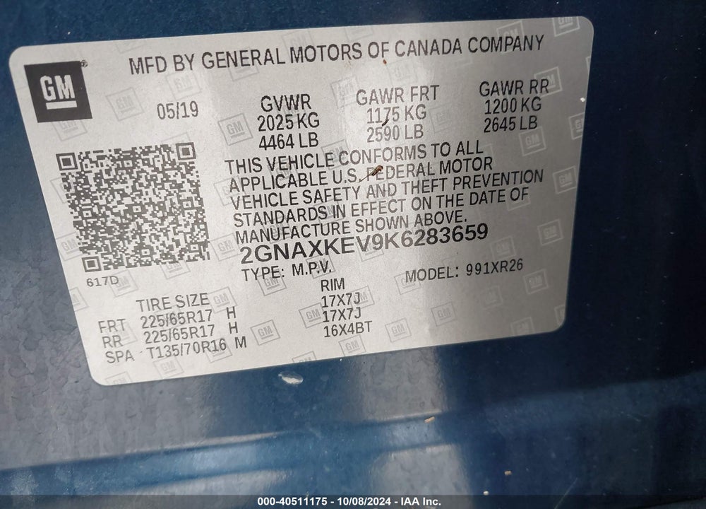 2019 CHEVROLET EQUINOX LT VIN: 2GNAXKEV9K6283659