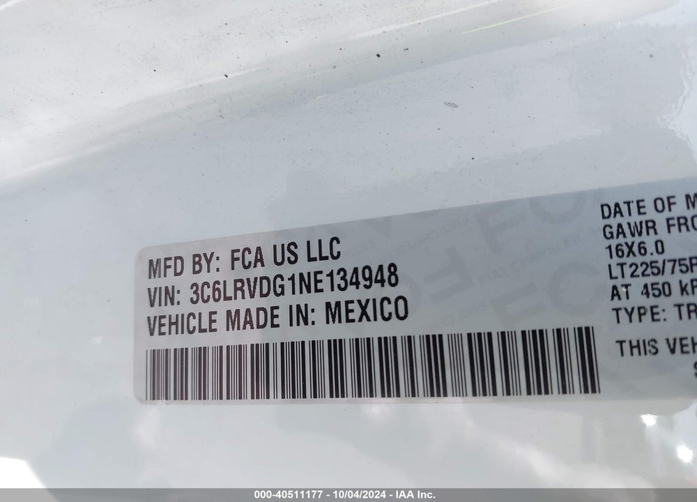 2022 RAM PROMASTER 2500 HIGH ROOF 159 WB VIN: 3C6LRVDG1NE134948