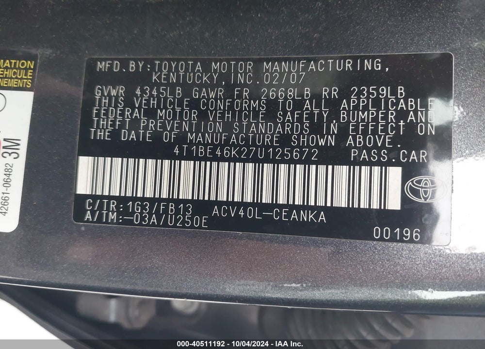 2007 TOYOTA CAMRY LE VIN: 4T1BE46K27U125672