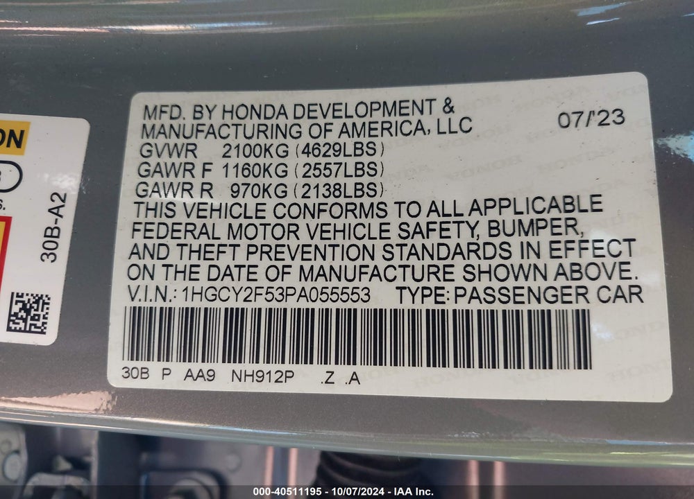 2023 HONDA ACCORD HYBRID SPORT VIN: 1HGCY2F53PA055553