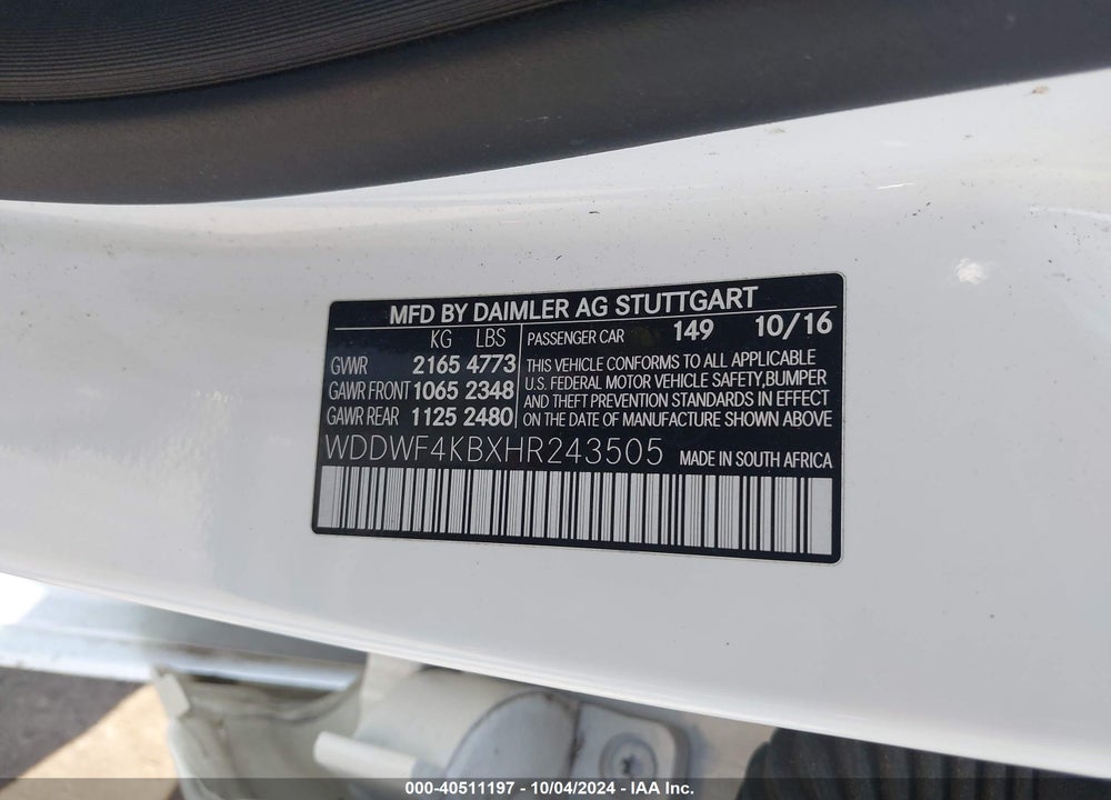 2017 MERCEDES-BENZ C 300 4MATIC/LUXURY 4MATIC/SPORT 4MATIC VIN: WDDWF4KBXHR243505