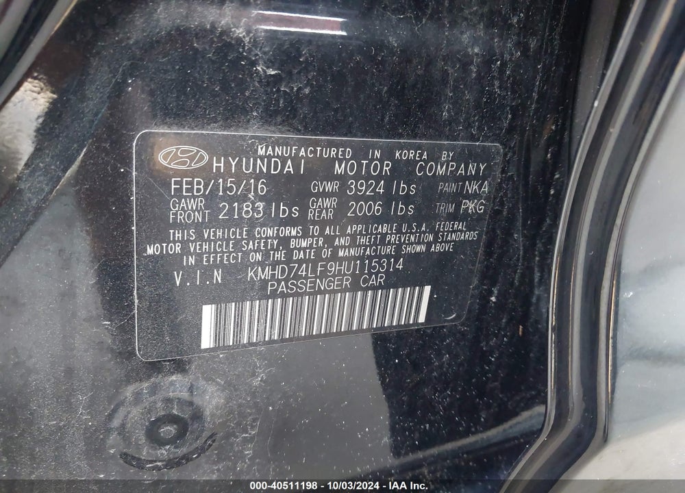 2017 HYUNDAI ELANTRA SE VIN: KMHD74LF9HU115314