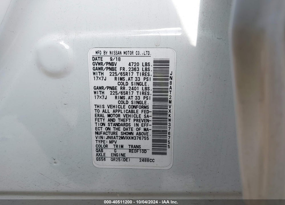 2019 NISSAN ROGUE SV VIN: JN8AT2MVXKW376755