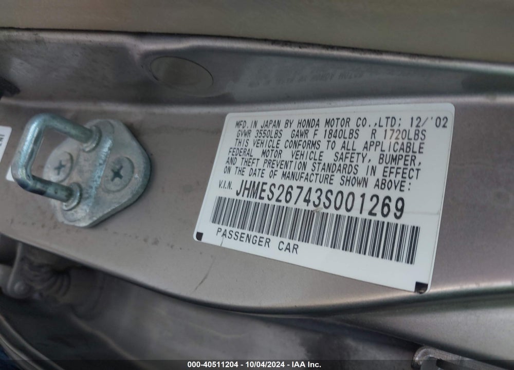 2003 HONDA CIVIC EX VIN: JHMES26743S001269