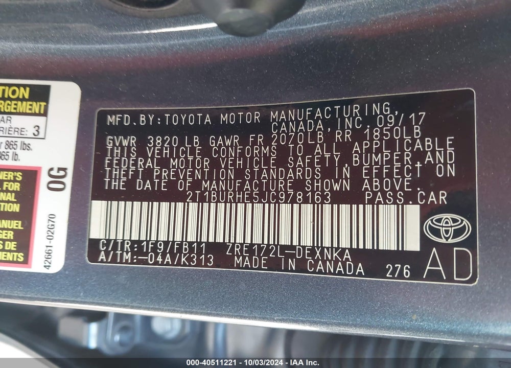 2018 TOYOTA COROLLA LE VIN: 2T1BURHE5JC978163