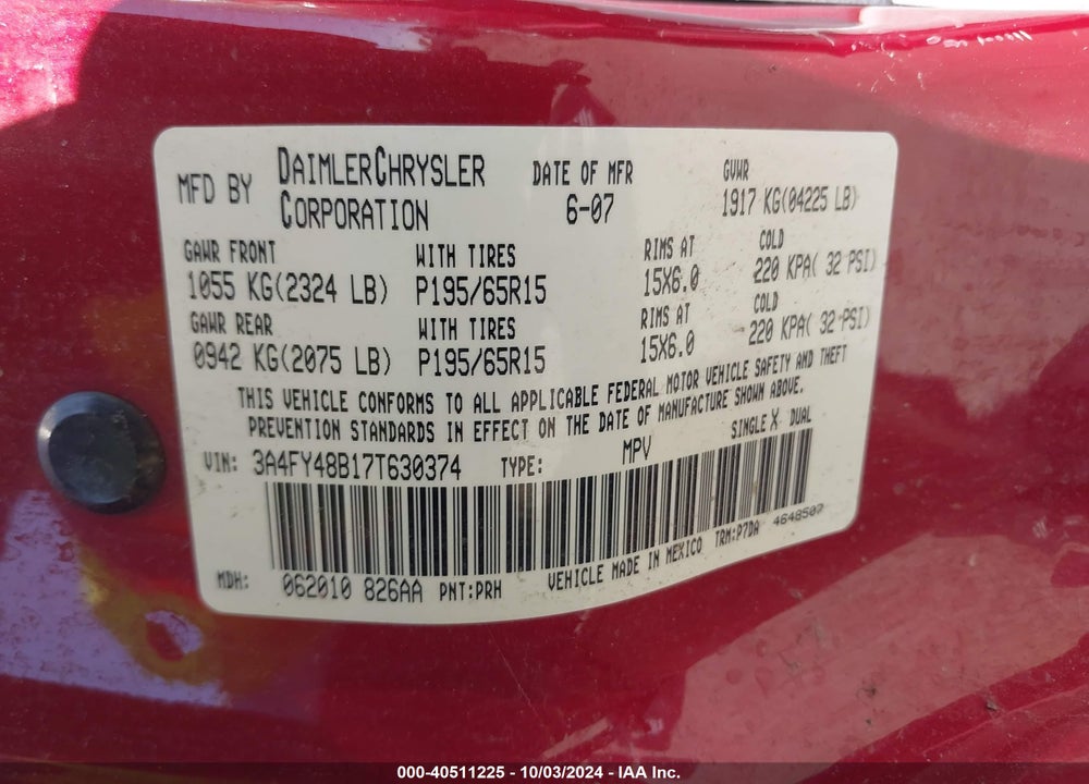 2007 CHRYSLER PT CRUISER VIN: 3A4FY48B17T630374